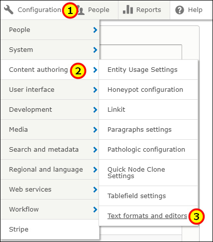 Screenshot showing access to the Text Formats and Editors screen