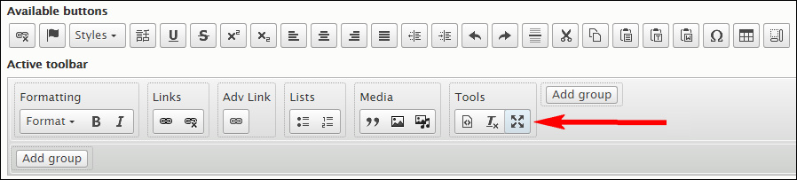 Button added to an existing group in the editor