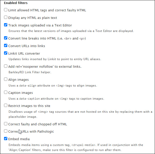 Check boxes for processing filters available in the WYSIWYG editor