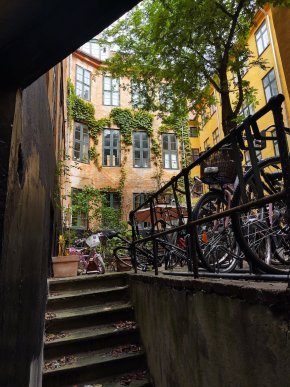 Stairs and bikes outside on a cloudy day