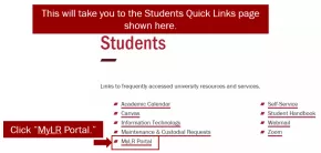 Screenshot: On the Students Quick Links page click MyLR Portal