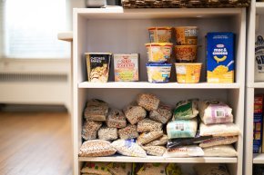 Food items on a shelf in the Lenoir-Rhyne food pantry