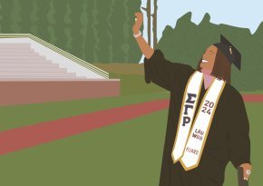 Illustration of a college student in graduation regalia outside