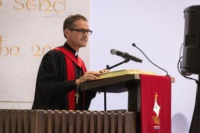 Chad Rimmer delivers his sermon from the pulpit in Christ Chapel