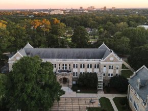 Aerial view of LTSS campus with City of Columbia skyline