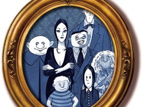 A round gold frame surrounds a portrait of the cartoon Addams Family 