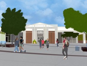 Illustration of students walking on campus infront of the Cromer Center building